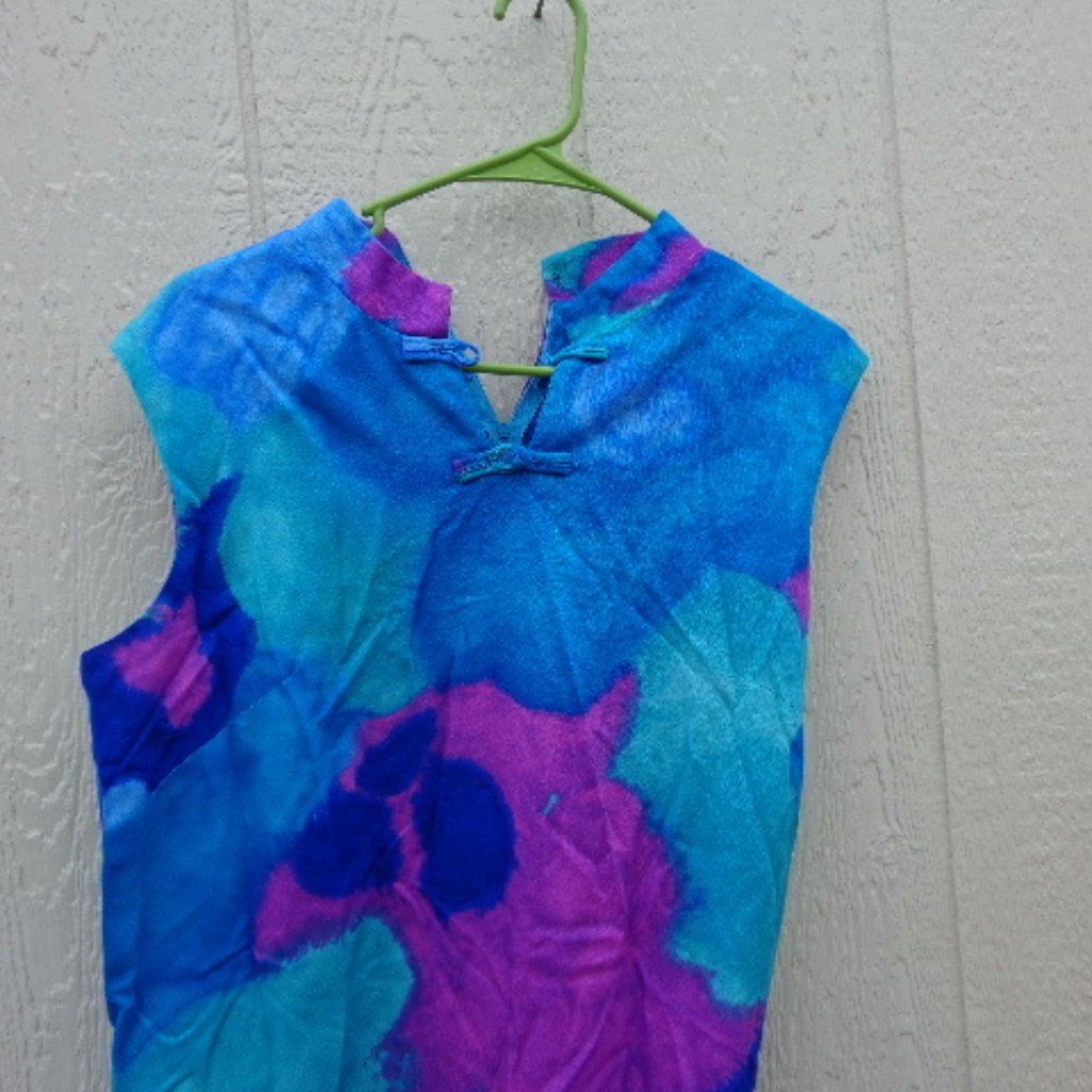 Nos 60s Sun Fashion Hawaii Vintage Long Watercolors Slit Sides Hostess Dress